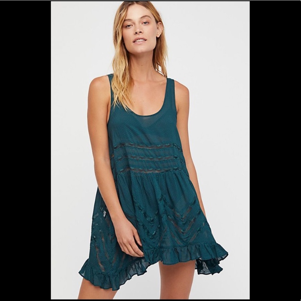 FREE PEOPLE Teal Voile and Lace Trapeze Slip